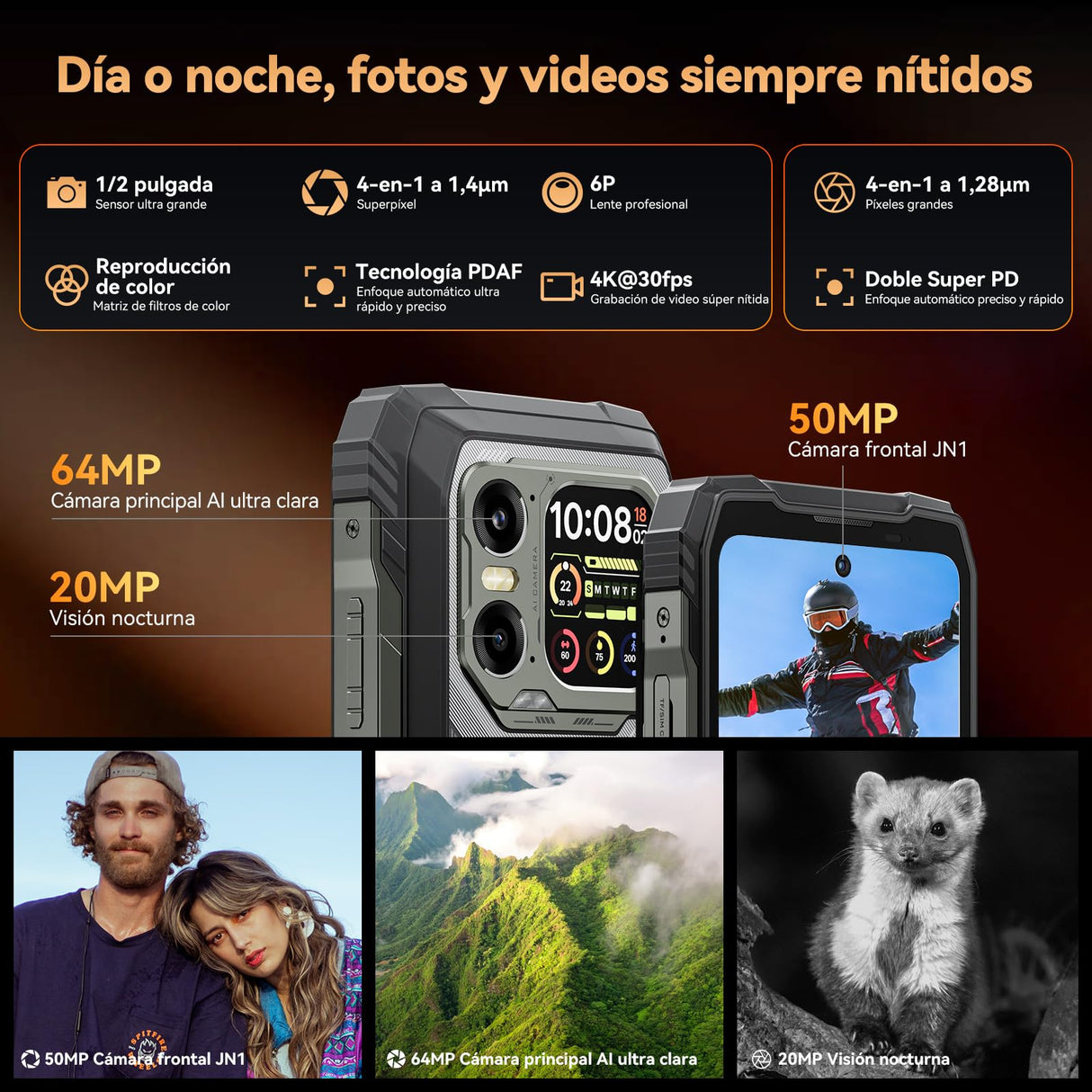 Blackview Xplore1 5G Movil Irrompible con Pantalla Secundaria, 20000mAh, Dimensity 7050 Movil Resistente, Android 15, 36GB+256GB/2TB, 50MP+64MP+20MP Nocturna, 6,78" 120Hz,170lm/NFC/WIFI 6/AI/Naranja