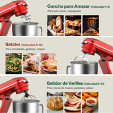 CHEFREE Batidora Amasadora Multifunción 1800W, 10 Velocidades de Rotación Planetaria, Robot Cocina con Bol de 7L, Gancho de Repostería, Batidor, Mezclador, Cuerpo de Metal, Rojo, M500