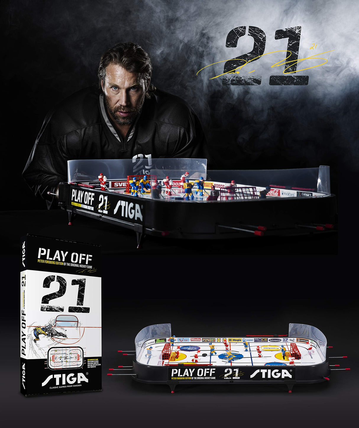 STIGA Play Off 21 Juego de Hockey sobre Hielo - Versión Actualizada con Peter Foppa Forsberg, Fácil Montaje, Lámina de Hielo 25% Más Gruesa, Contador de Goles y Discos Personalizados, 96x50 cm