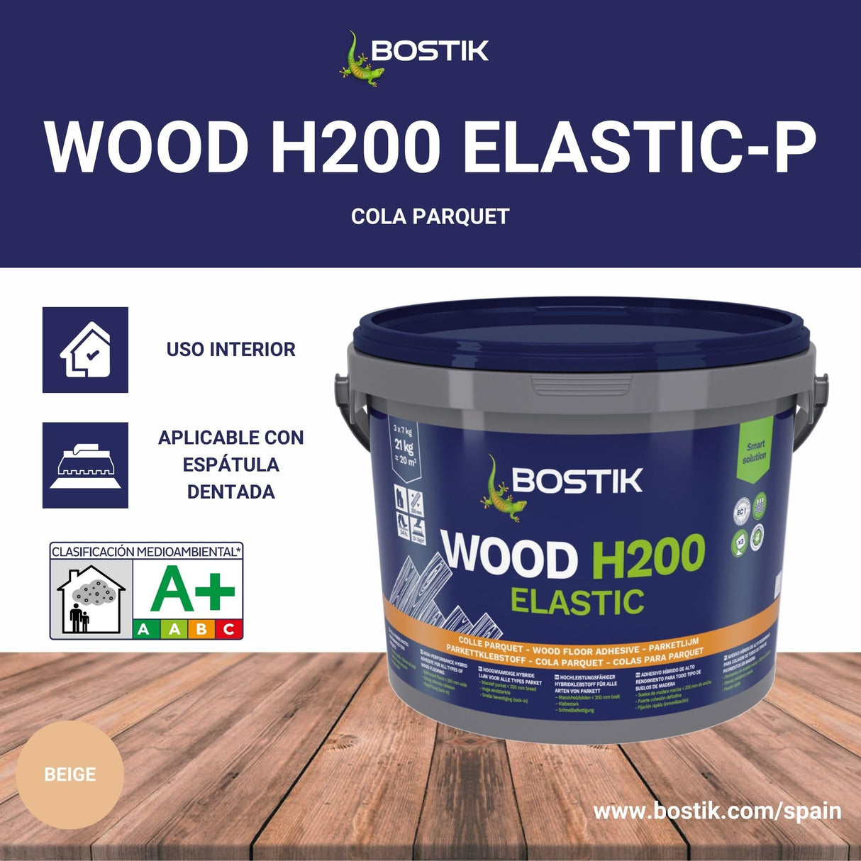 BOSTIK WOOD H200 ELASTIC-P Beige, Adhesivo Híbrido Universal Elástico para Madera, Agarre de Alta Succión, sin Imprimación Previa, Aplicable en Suelos Radiantes, Interior, Bote 21 kg (3 uds de 7 kg)