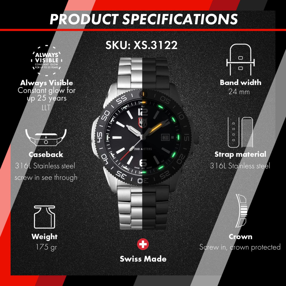 Luminox Reloj Término análogo para Hombre de Cuarzo con Correa en Acero Inoxidable XS.3122