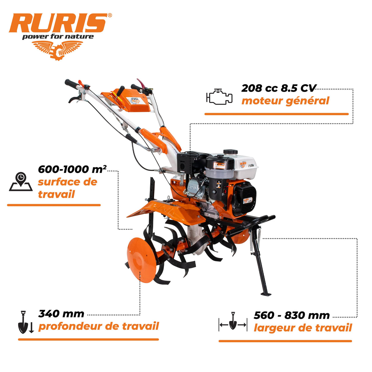 RURIS – Motobloque Profesional 731FR – Motor General Engine de 8,5 CV – Ancho de Trabajo de 560 – 830 mm – Superficie tratada de hasta 1000 m²/h