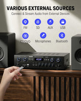 Amplificador Audio Bluetooth 5.0, Donner Amplificador Audio Estéreo 4 Canales, Amplificador HiFi 440W con USB, SD, FM, 2 Mic IN Echo, RCA, LED para Estudio, Hogar, MAMP5