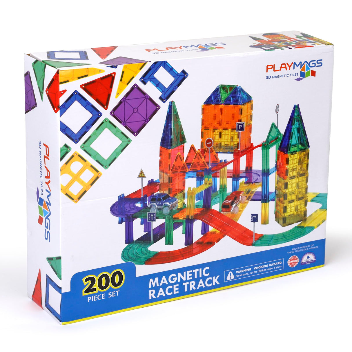 Playmags Juego de 200 Piezas con fichas magnéticas, Pista de Carreras, Incluye 2 Autos de Carreras eléctricos motorizados, para niños de 3 años en adelante