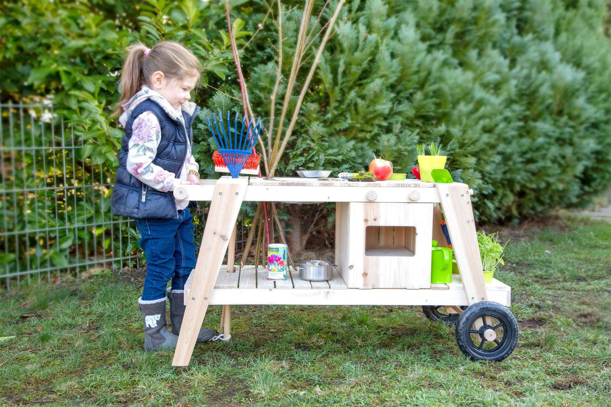 Cocina para Barro, en Madera Maciza e Impermeable para niños a Partir de 3, Cocina para Exterior con Accesorios y Ruedas