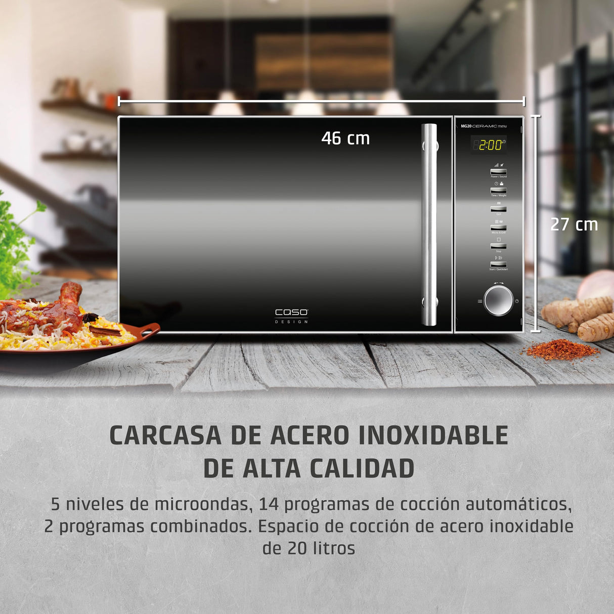 Caso MG20C Encimera 20L 800W Negro, Acero inoxidable - Microondas (Encimera, 20 L, 800 W, Botones, Giratorio, Negro, Acero inoxidable, 1000 W)
