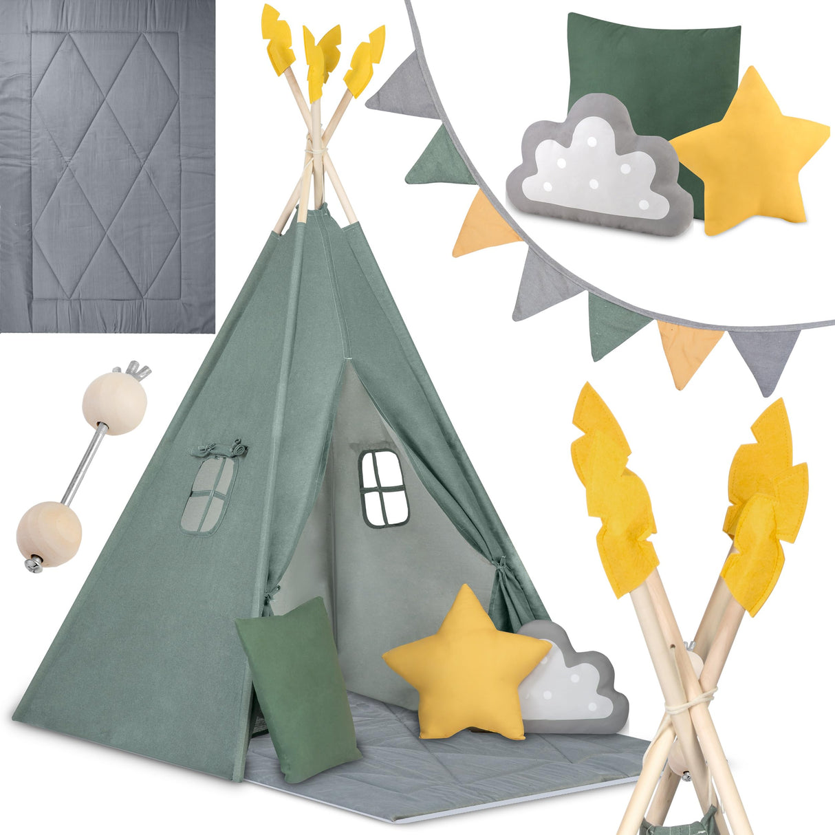 Nukido, Tienda Infantil Tipi Teepee Verde con Guirnalda, Almohadas, estabilizador Grande