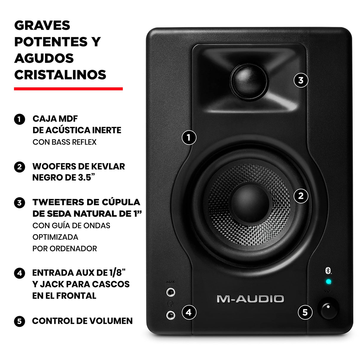 M-AUDIO BX3 BT Par 3.5" 120W Monitores de Estudio, Altavoces Autoamplificados Bluetooth para PC, para producción Musical, Juegos, Streaming, Podcast, DJ