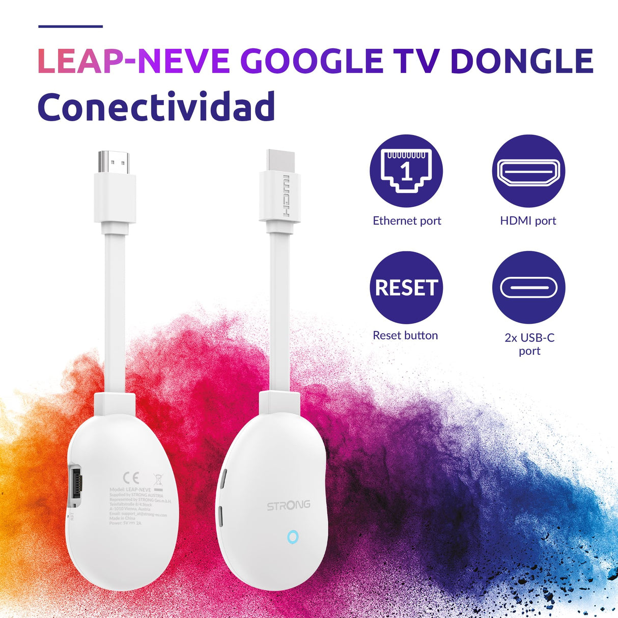STRONG Leap-Neve Stick De Streaming Google TV 4K UHD con Puerto Ethernet, 2GB RAM + 16GB Almacenamiento, Wi-Fi 6, Android 12, Chromecast Integrado, Asistente De Google, Dolby Atmos Y Dolby Vision