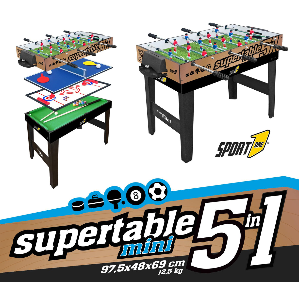 Sport1 Supertable Mini. Futsal multijuego 5 en 1. Futbolín Medidas 97,5 x 48 x 69 cm. Boletín Multiusos: 3 vs 3, Tenis de Mesa, Hockey, Billar, Curling. Incluye Accesorios.