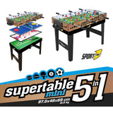 Sport1 Supertable Mini. Futsal multijuego 5 en 1. Futbolín Medidas 97,5 x 48 x 69 cm. Boletín Multiusos: 3 vs 3, Tenis de Mesa, Hockey, Billar, Curling. Incluye Accesorios.