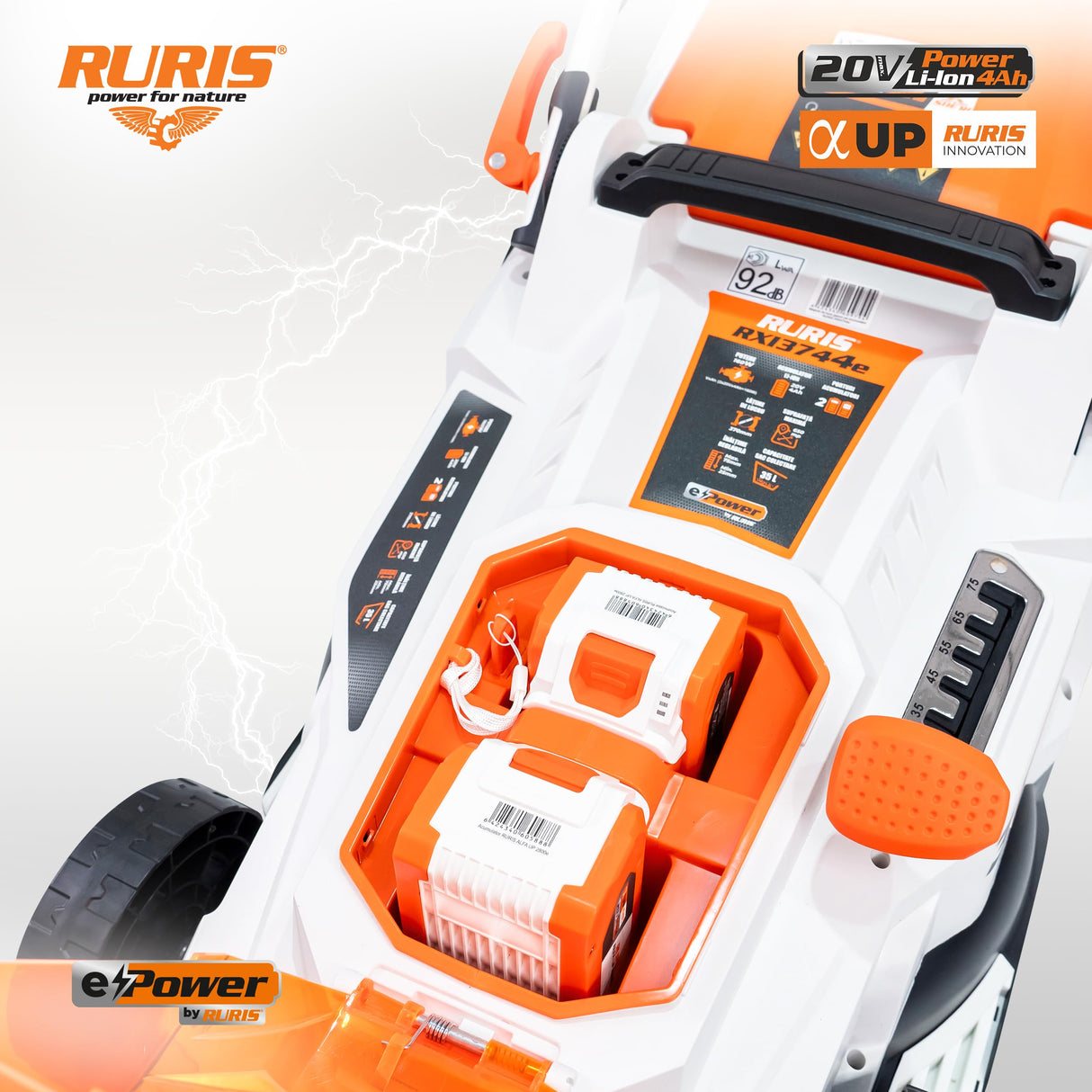RURIS - Cortacésped inalámbrico RXI3744e - Ancho de Corte 37 cm, Altura 25-75 mm, función 3 en 1 (recolección, expulsión Trasera, Mulching), 2 baterías de Litio de 20 V y 4 Ah y Cargador Doble