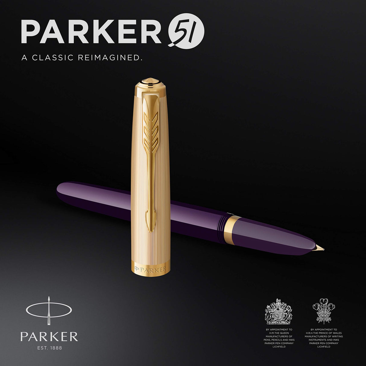 Parker 51 pluma estilográfica | cuerpo de lujo de color ciruela con adorno dorado | plumín fino de 18 K con cartucho de tinta negra | estuche de regalo