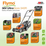 Flymo UltraStore 340R Li batería cortacésped Kit 36 V, 34 cm de Ancho de Corte, Corte de Borde cercano, Rodillo Trasero, 35 L, Agarre cómodo, Power 4 All Battery Alliance, 970538701, Naranja y Gris
