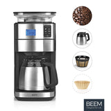 BEEM FRESH-AROMA-PERFECT II Cafetera de filtro con molinillo - Térmica | Acero inoxidable | Jarra térmica | Temporizador 24h | 1000 W | Recipiente para granos de 180 g