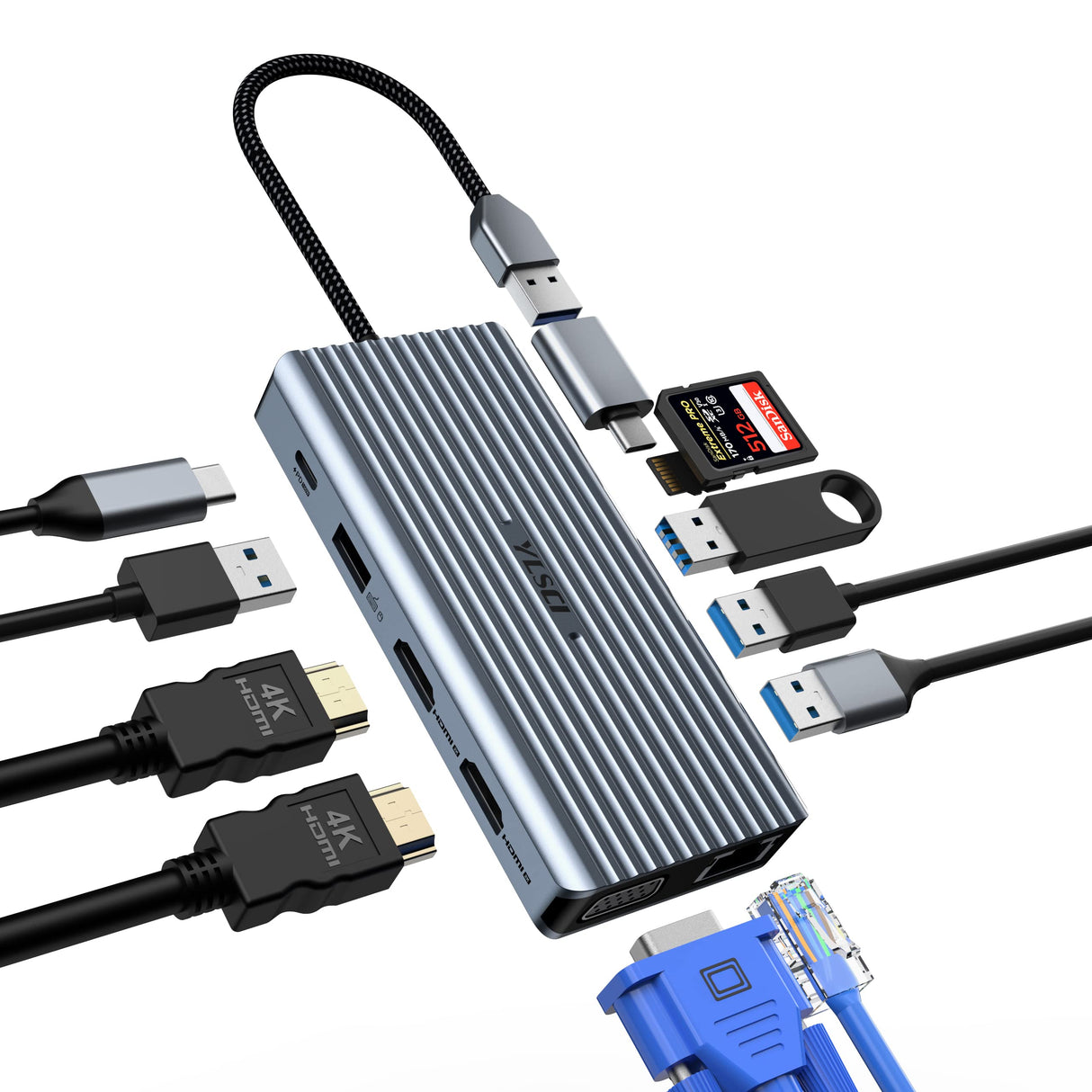YLSCI USB C Hub, 12 en 1 Docking Station, 2xHDMI, VGA, Puerto Ethernet, 3xUSB 3.0, USB 2.0, 100W PD, SD/TF-Reader, Audio/Micrófono Utilizado en MacBook Pro/MacBook Air