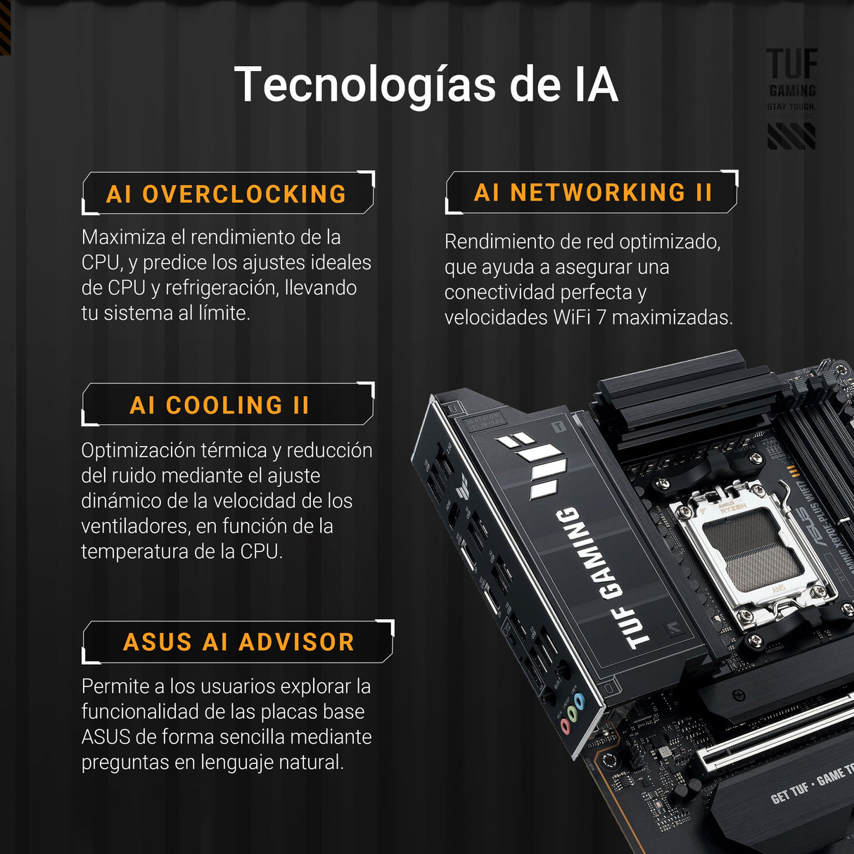 ASUS TUF Gaming X870E-PLUS WIFI7 Placa Base AMD X870E ATX, VRM de 16+2+1 Fases, DDR5, PCIe 5.0, Q-Release Slim, M.2, WiFi 7, USB4 Tipo-C, Aura Sync, AI Cooling II, AI Networking II y AI Overclocking