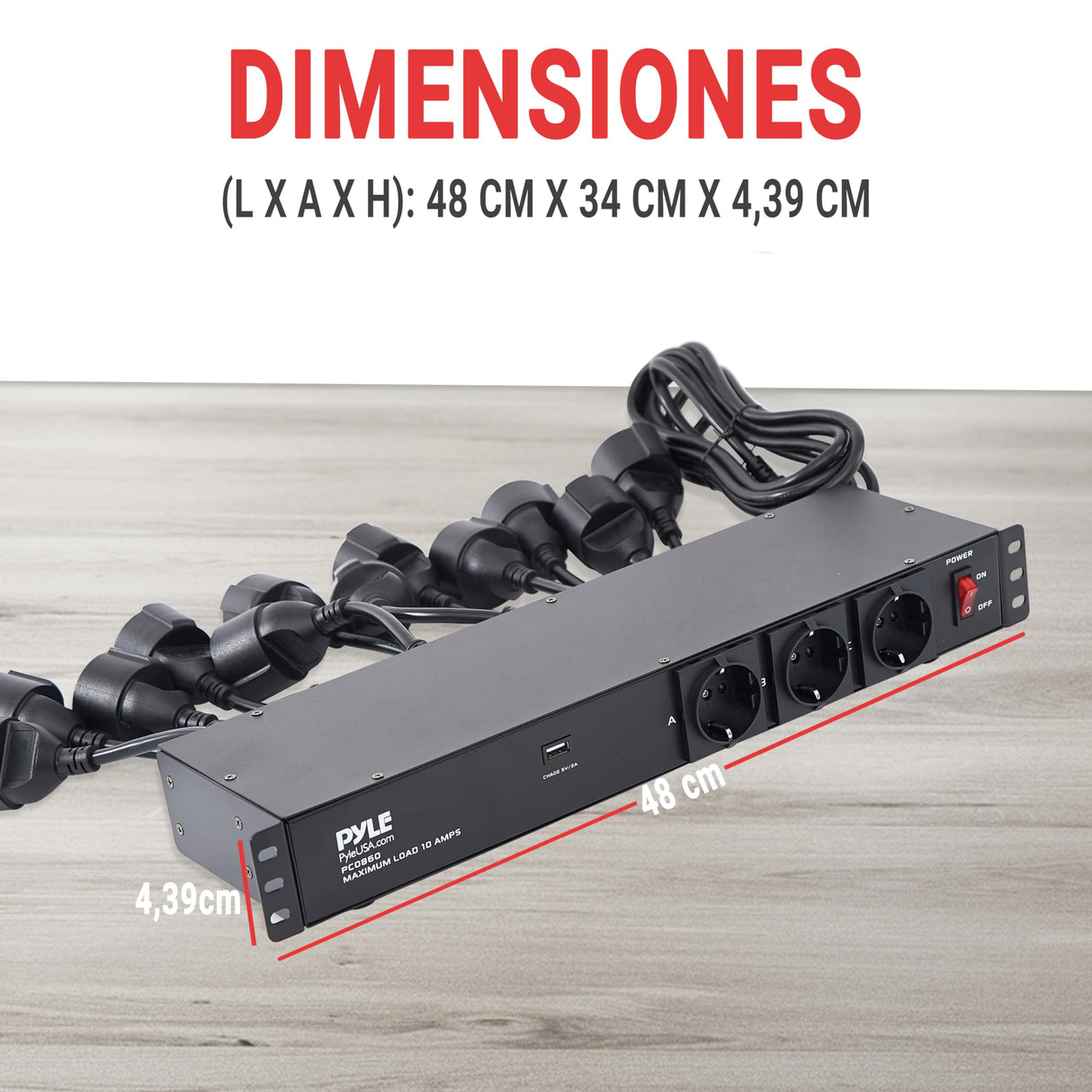 Pyle 19” Outlet 1U, PDU de montaje en rack, Fuente de distribucion de energia, Protector contra sobretensiones, Disyuntor de 15 amperios, Puerto de carga para multiples dispositivos USB, Cable de 15ft
