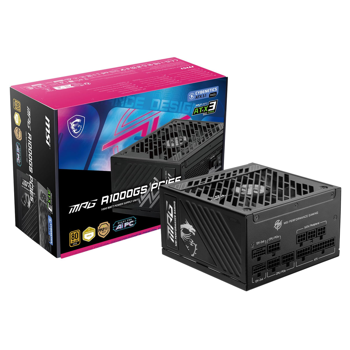 MSI MPG A1000GS PCIE5 ATX 3.1 - Fuente de alimentación para Juegos - Modular Completo - Certificado 80 Plus Gold 1000W - Condensadores 100% japoneses de 105 °C - Fuente de alimentación ATX