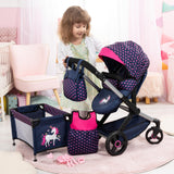 Bayer Design 17054AB Cochecito de muñeca XEO, Convertible, Regulable en Altura, Cuna de Viaje, Bolsa, Saco de Dormir, Accesorios