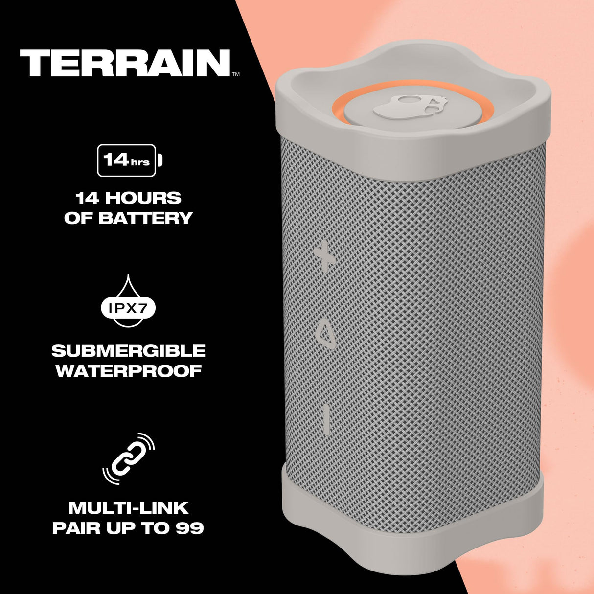 Skullcandy Terrain Altavoz Portátil Inalámbrico con Bluetooth, Impermeabilidad IPX7, 14 Horas de Batería, True Wireless Stereo y Correa Integrada para Viajes y Uso en Exteriores - Hueso/Naranja