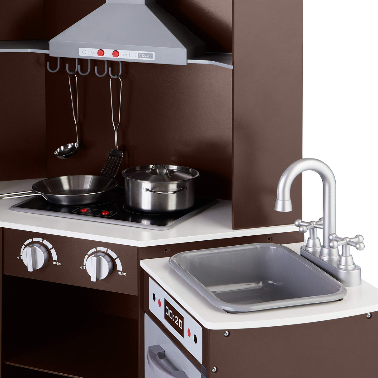 Amazon Basics Cocina de juguete, forma esquinada, de madera, con puertas interactivas, pomos y luces, 99 x 71 x 89 cm, color marrón espresso y gris