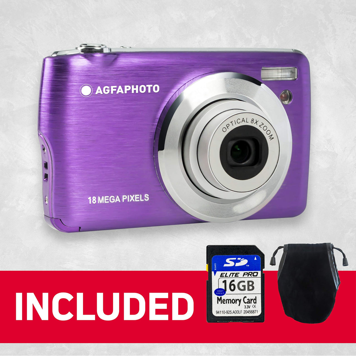 AGFA Photo Realishot DC8200 - Cámara Digital Compacta, 18MP, Video Full HD, Pantalla LCD 2.7'', Zoom Óptico 8X, Batería de Litio y Tarjeta SD de 16GB - Violeta