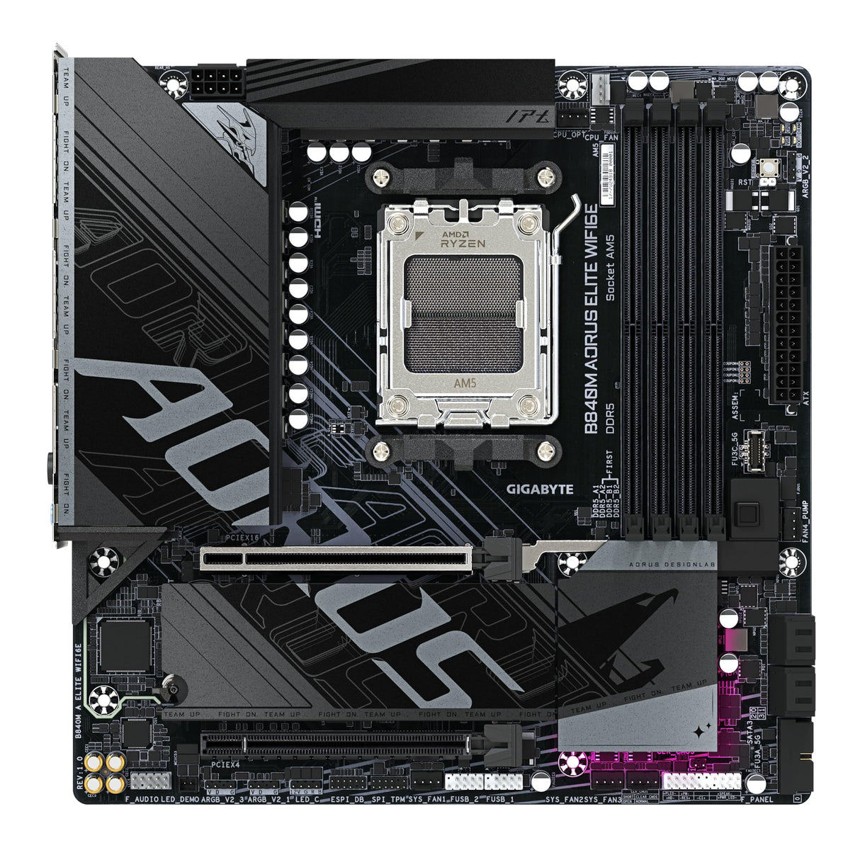 GIGABYTE B840M AORUS Elite WIFI6E Placa Base – Procesadores AMD Ryzen 9000, VRM de 10+2+2 Fases, hasta 8200 MHz DDR5 (O.C.), 2 x M.2 PCIe 4.0, Wi-Fi 6E, LAN 2.5 GbE, USB 3.2 Gen 2