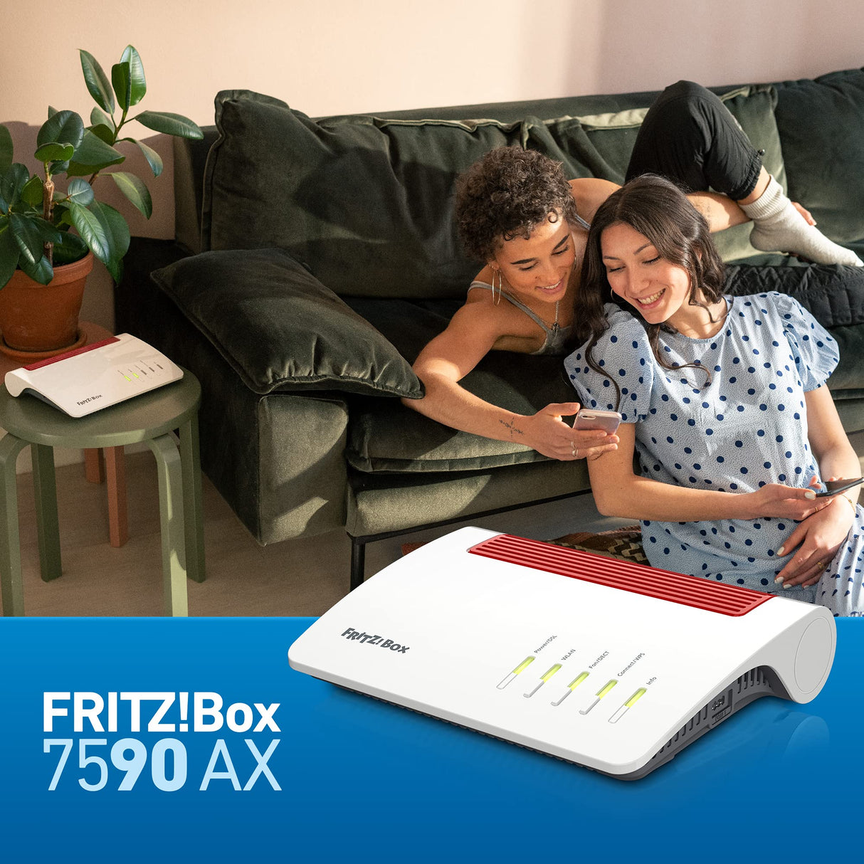 AVM Fritz!Box 7590 AX (Wi-Fi 6 enrutador con 2400 Mbps (5 GHz) y 1200 Mbps (2,4 GHz), hasta 300 Mbps con supervectoring VDSL, Malla Wi-Fi, Base DECT, en alemán Versión)