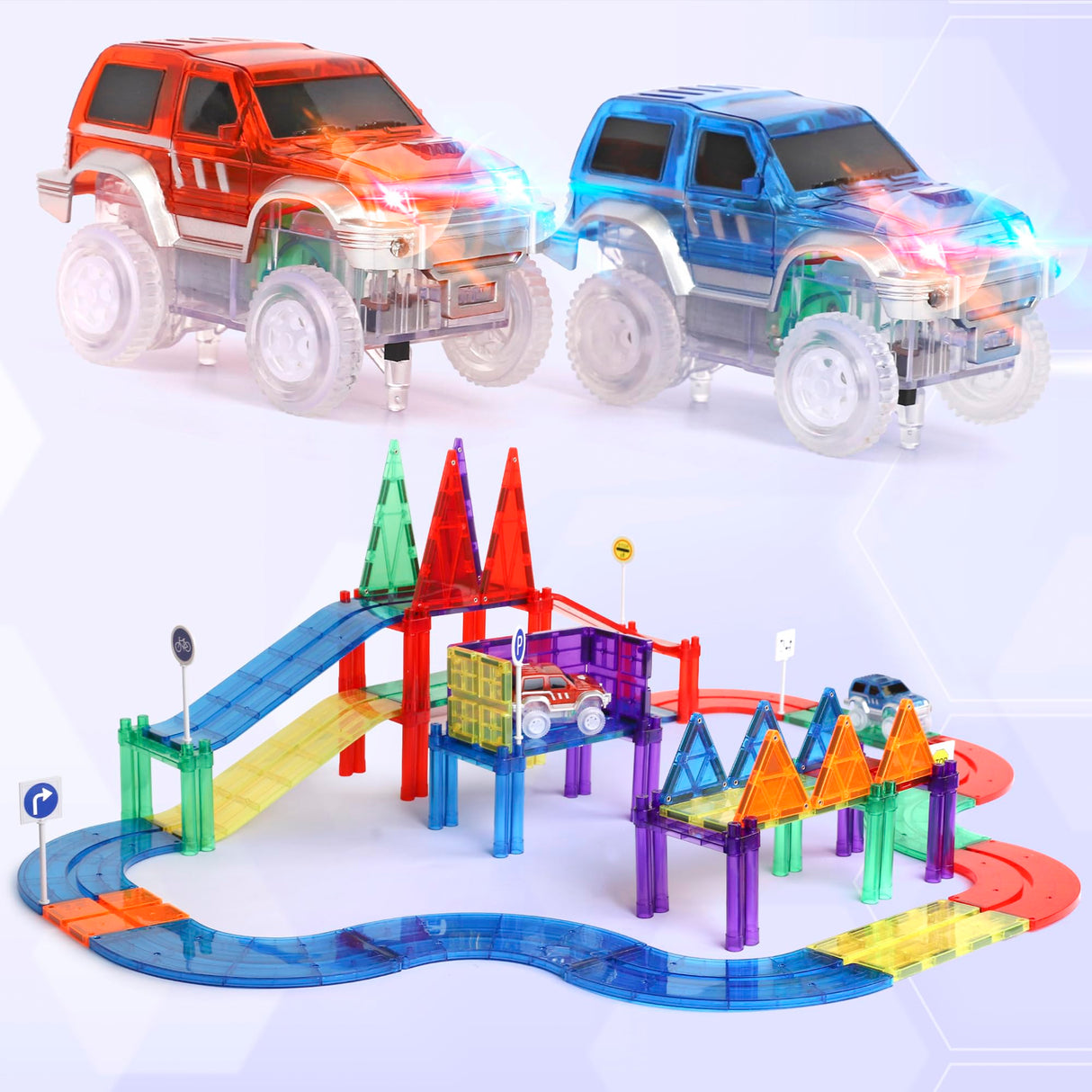 Playmags Juego de 200 Piezas con fichas magnéticas, Pista de Carreras, Incluye 2 Autos de Carreras eléctricos motorizados, para niños de 3 años en adelante