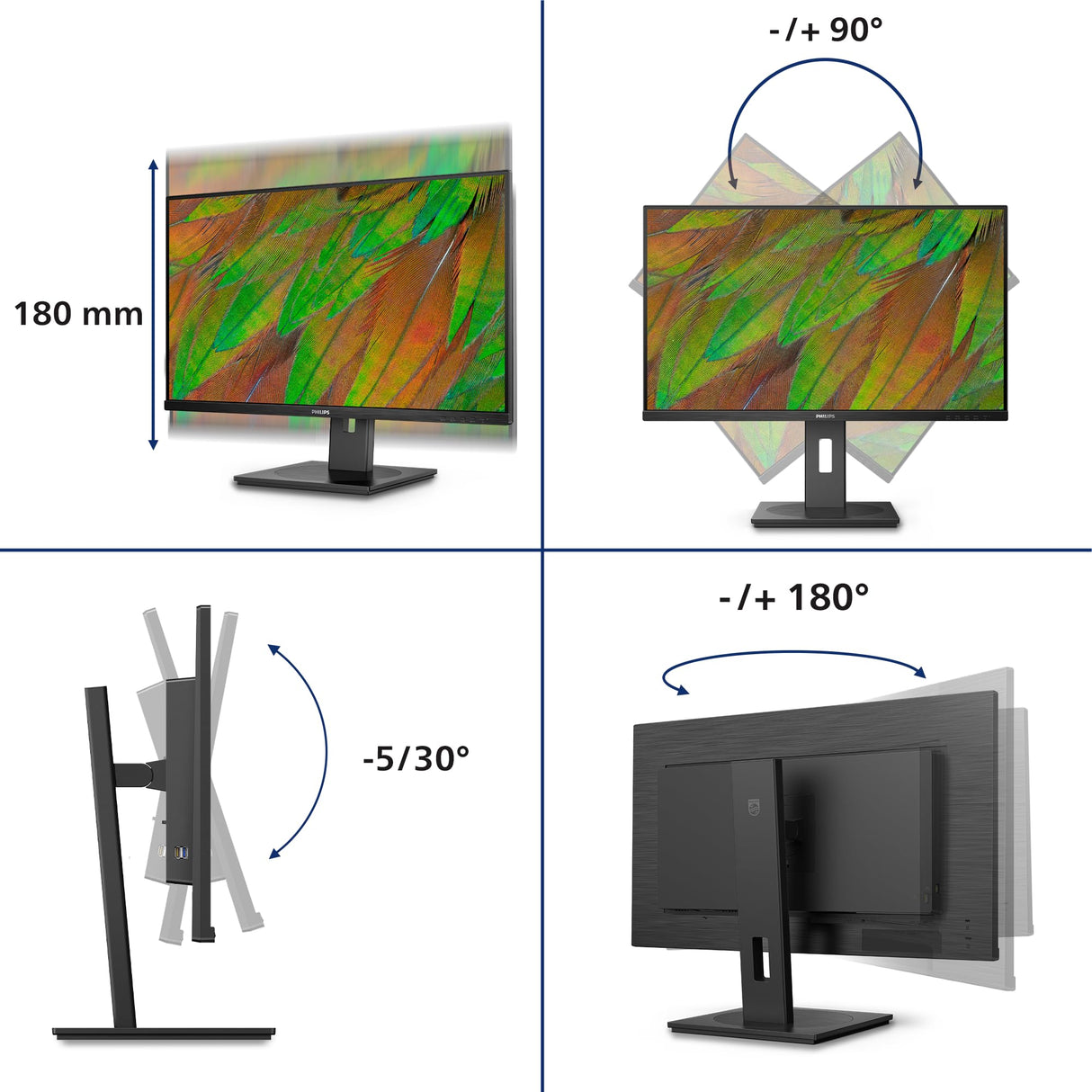 Philips 32B1N3800 Monitor 32" UHD, WLED, 60Hz, VA, 4 ms GtG, Adaptive Sync., TUV Eye Comfort, Altavoces, Altura Ajustable (3840x2160, 2X HDMI 2.0, 1x DP 1.4, USB-Hub) Negro