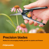 Fiskars Juego de 15 tijeras de podar de micropuntas, cuchillas de acero inoxidable de precisión, asas de agarre suave para cortar y dar forma a plantas pequeñas