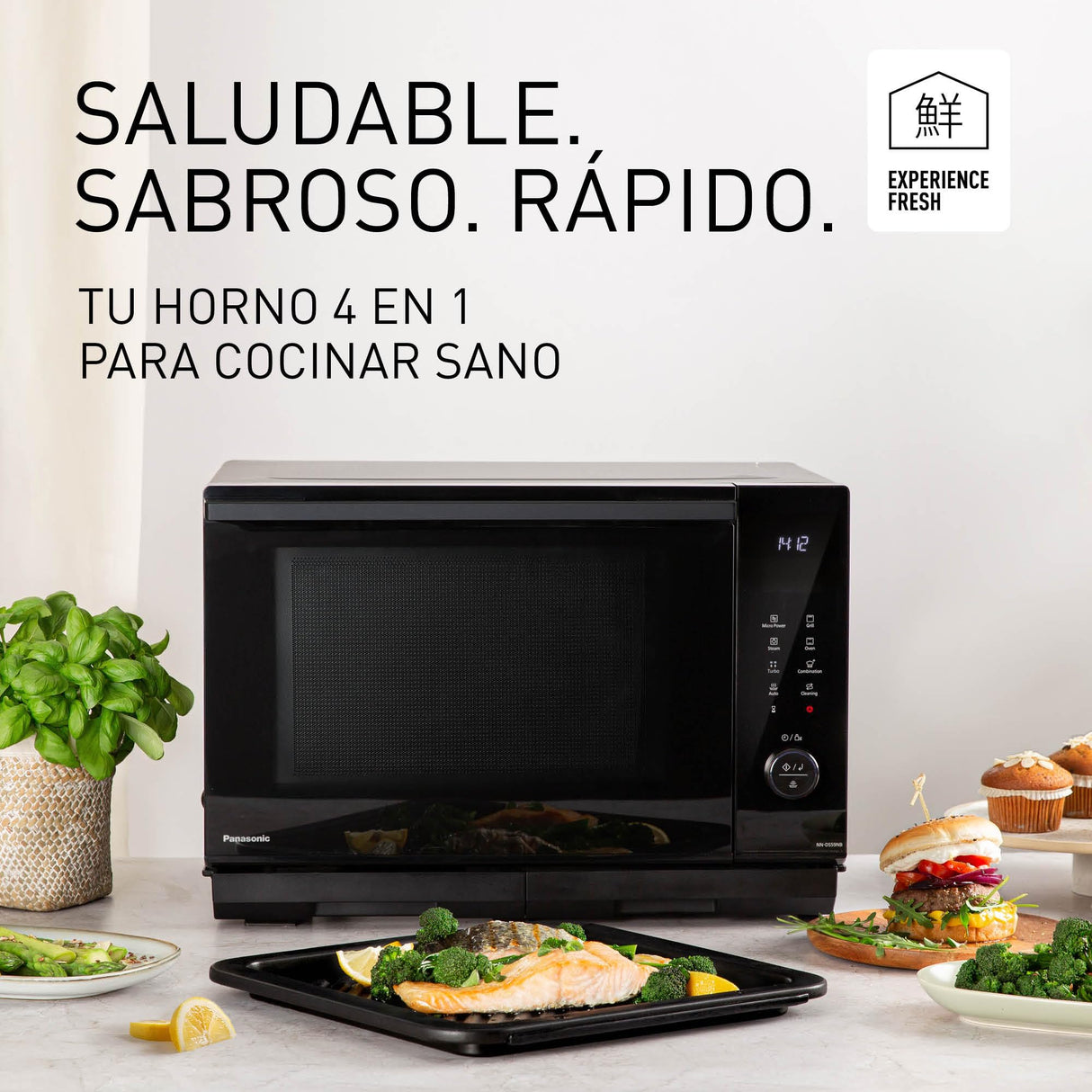 Panasonic NN-DS59NMETG Microondas Combi 4 en 1, Horno Grill, Superficie Plana, 27 Litros, 1000 W, Cocción En Dos Niveles, Sensor Genius, 32 Programas, Bandeja Para Grill, Limpieza Fácil, Negro