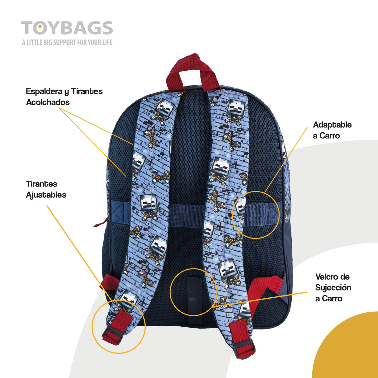 Minecraft Mochila Escolar Hostile Behaviour - Doble Compartimento Adaptable + Carro Negro TOYBAGS con Proteccion Lateral Y STOPER Frontal Anti CAIDA 4 Ruedas giratorias - 44 X 30 X 20 CM
