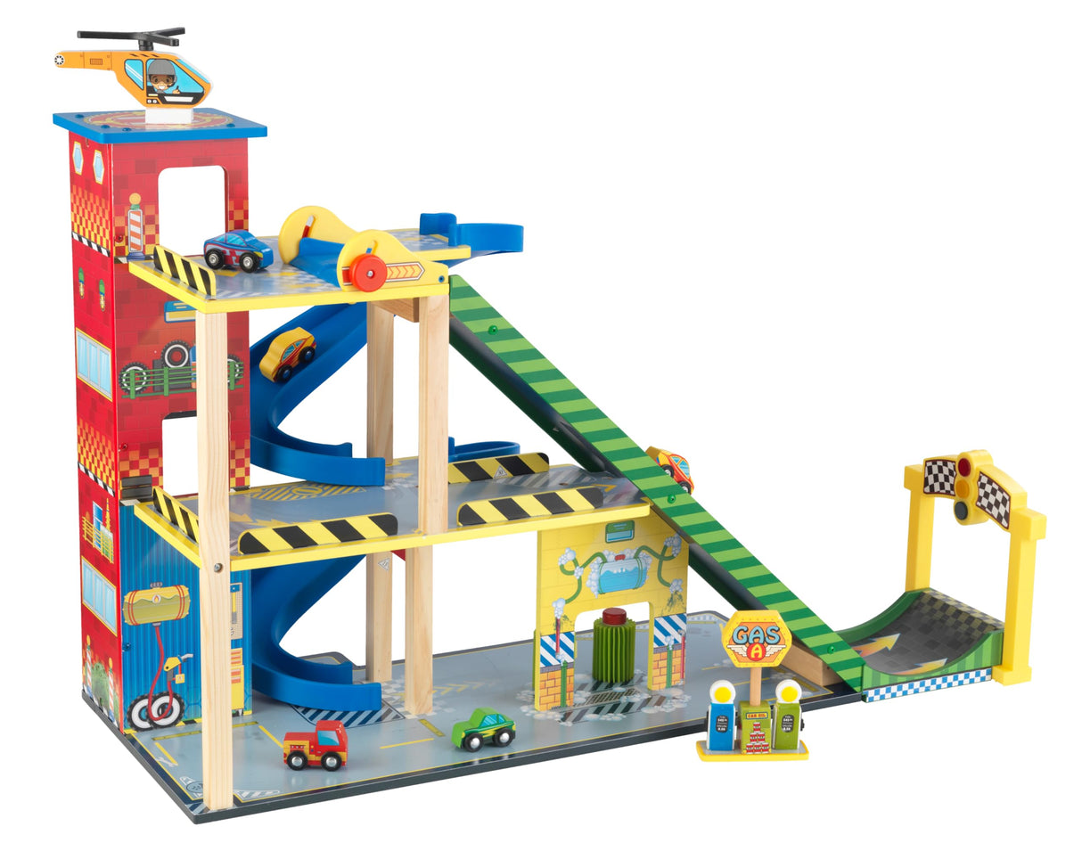 KidKraft Garaje y Pista Mega Ramp para niños 3+ años, Parking con Ascensor Funcional, gasolinera, señales de tráfico, 5 Coches de Juguete y un helicóptero (63267)