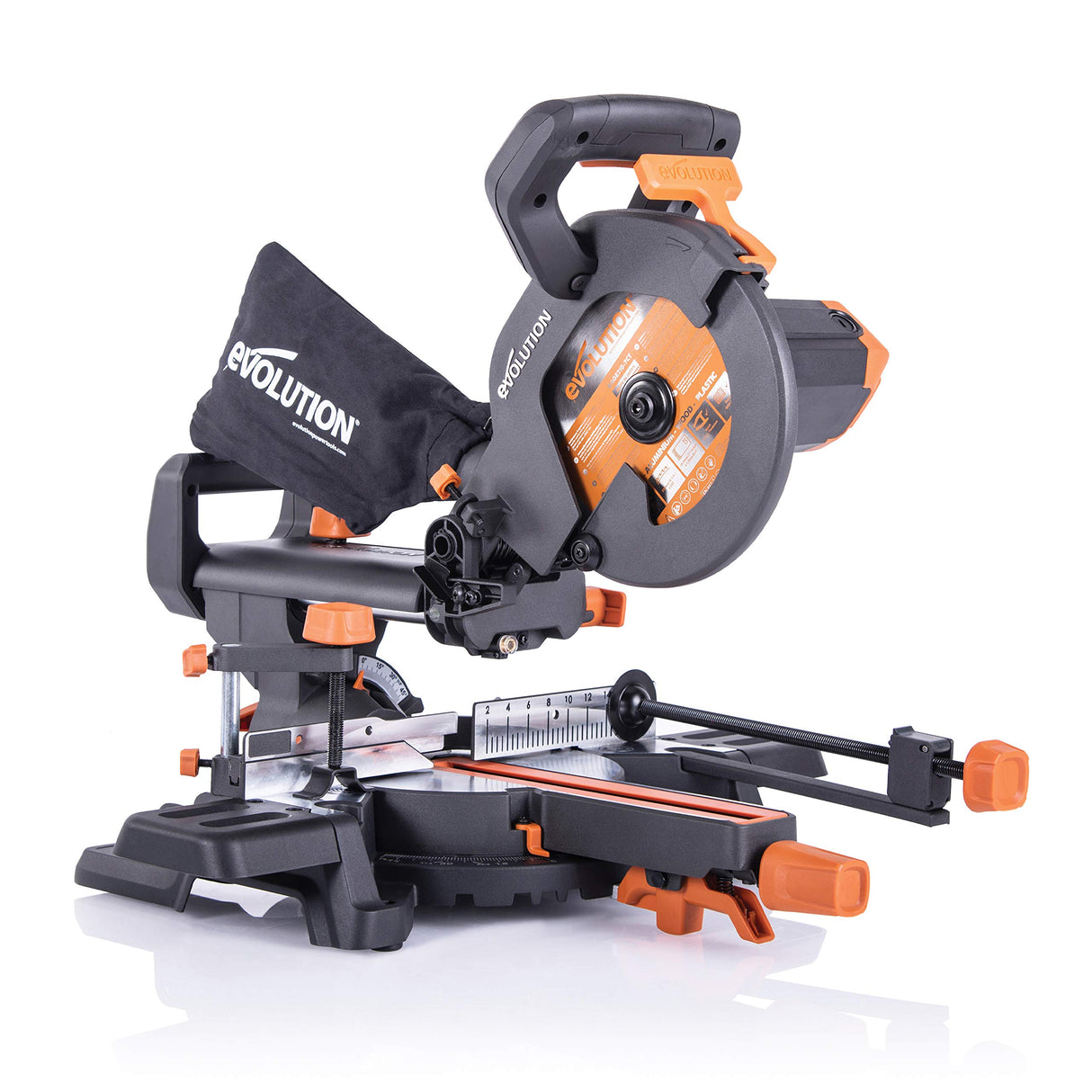 Evolution Power Tools R210SMS+ Ingletadora deslizante multimaterial de 210 mm, con paquete Plus, Corta acero dulce, aluminio, plástico, madera con clavos incrustados, 230 V