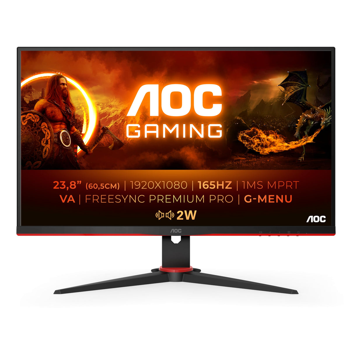 AOC Monitor Gaming 24G2SU- 24" Full HD, 165Hz, 4ms, VA, FreeSync Premium, FlickerFree, Low Blue Light , Ajustable en altura (1920x1080, 350cd/m, HDMI 2x1.4, Displayport 1x1.2)
