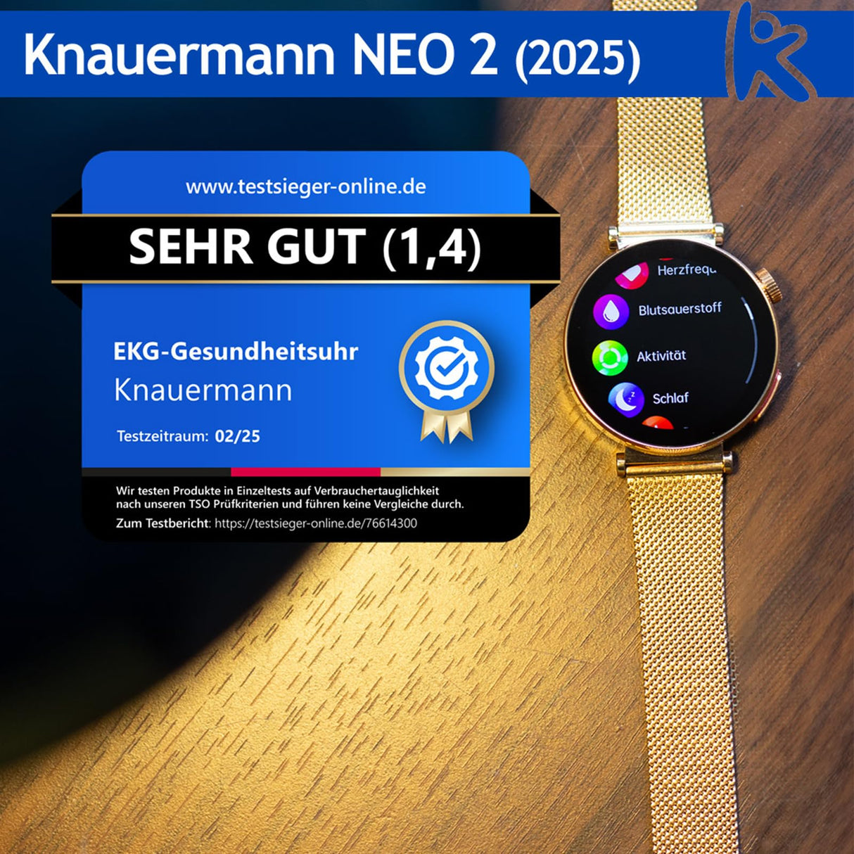 Knauermann Neo 2 (2025) – Oro Redondo – Reloj Sanitario smartwatch – ECG – Función HRV – BT Bluetooth – Apnea del sueño – Presión Arterial – Correa de Piel de Vacuno Rosa, Durchmesser: 40 mm,