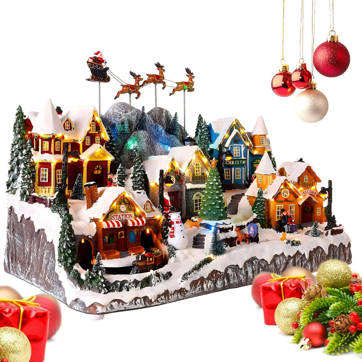 Avilia Pueblo de Navidad en Movimiento con música y Luces LED 37 x 55 x 33 cm – Fabricado con Materiales Resistentes y es Ideal para Decorar tu casa en Las Fiestas navideñas