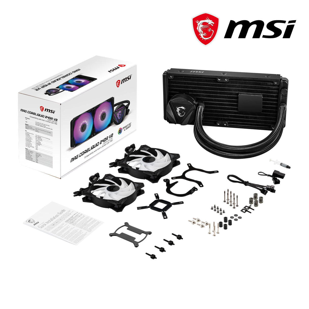MSI MAG CORELIQUID 240R Refrigeración Líquida CPU AIO - Blockhead ARGB Giratorio, Bomba de Radiador Integrada, Flujo Dividido, Tubería a Prueba de Evaporación - Admite AMD e Intel