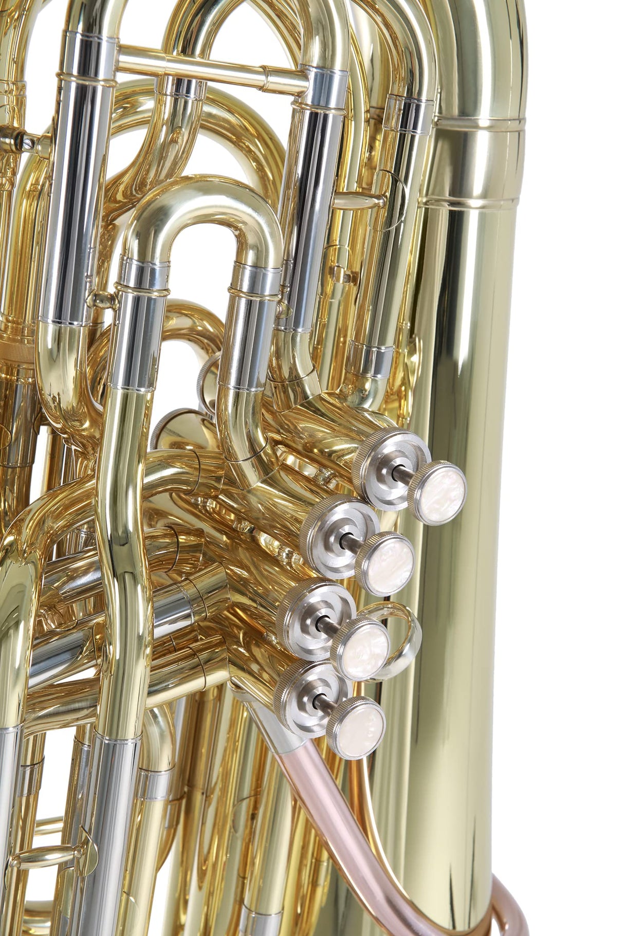 Roy Benson BBb-Tuba TB-312B (tuba premium con diámetro variable, tubo de ataque de latón dorado, 4 válvulas de acción frontal, diseño moderno, sonido profesional y comodidad de transporte en uno)
