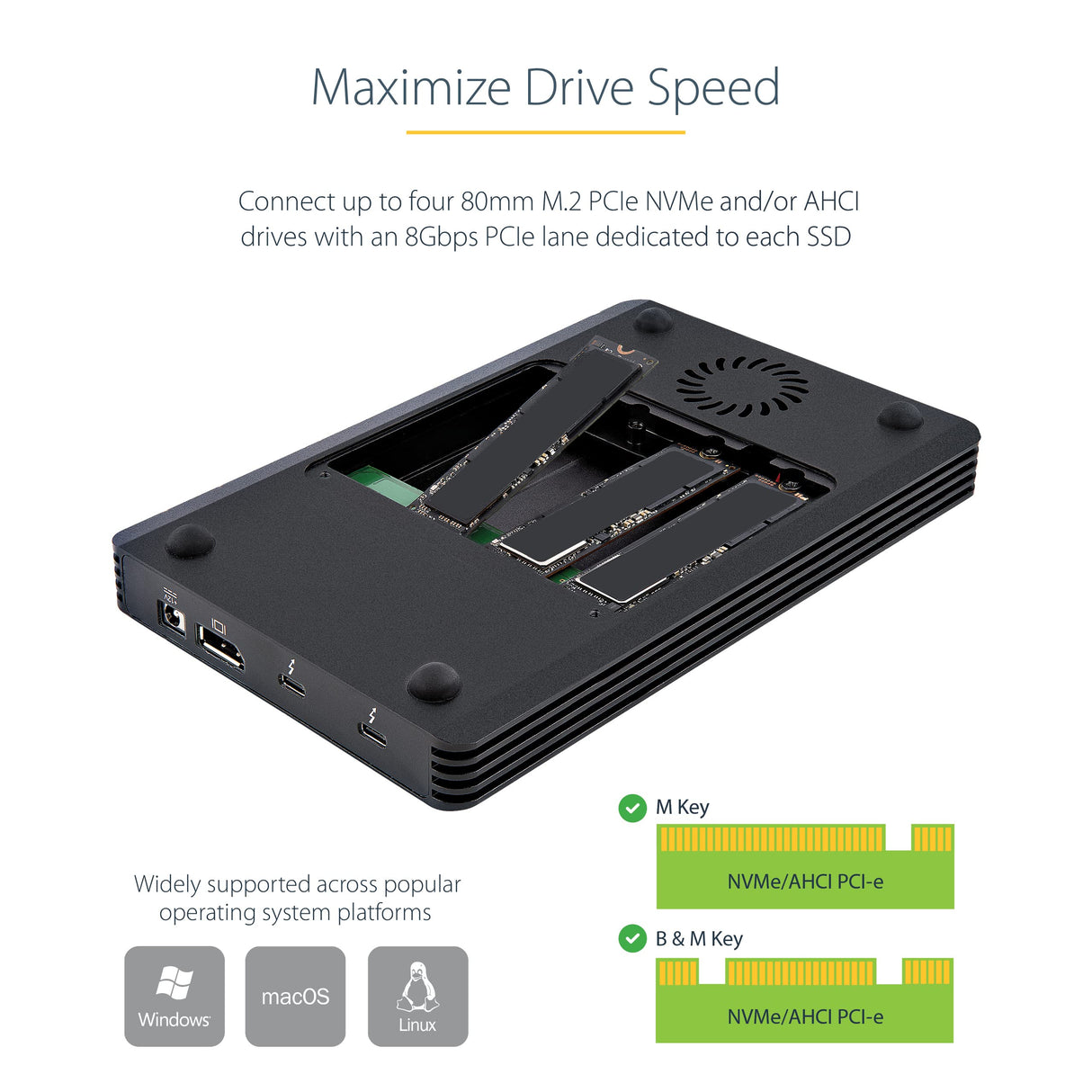 StarTech.com Caja Thunderbolt 3™ de 4 Bahías NVMe M.2 para SSD, con 1 Puerto de Vídeo DisplayPort y 2 Thunderbolt 3, 40gbps, con Fuente de Poder de 72W, Caja Externa para Disco Duro (M2E4BTB3)