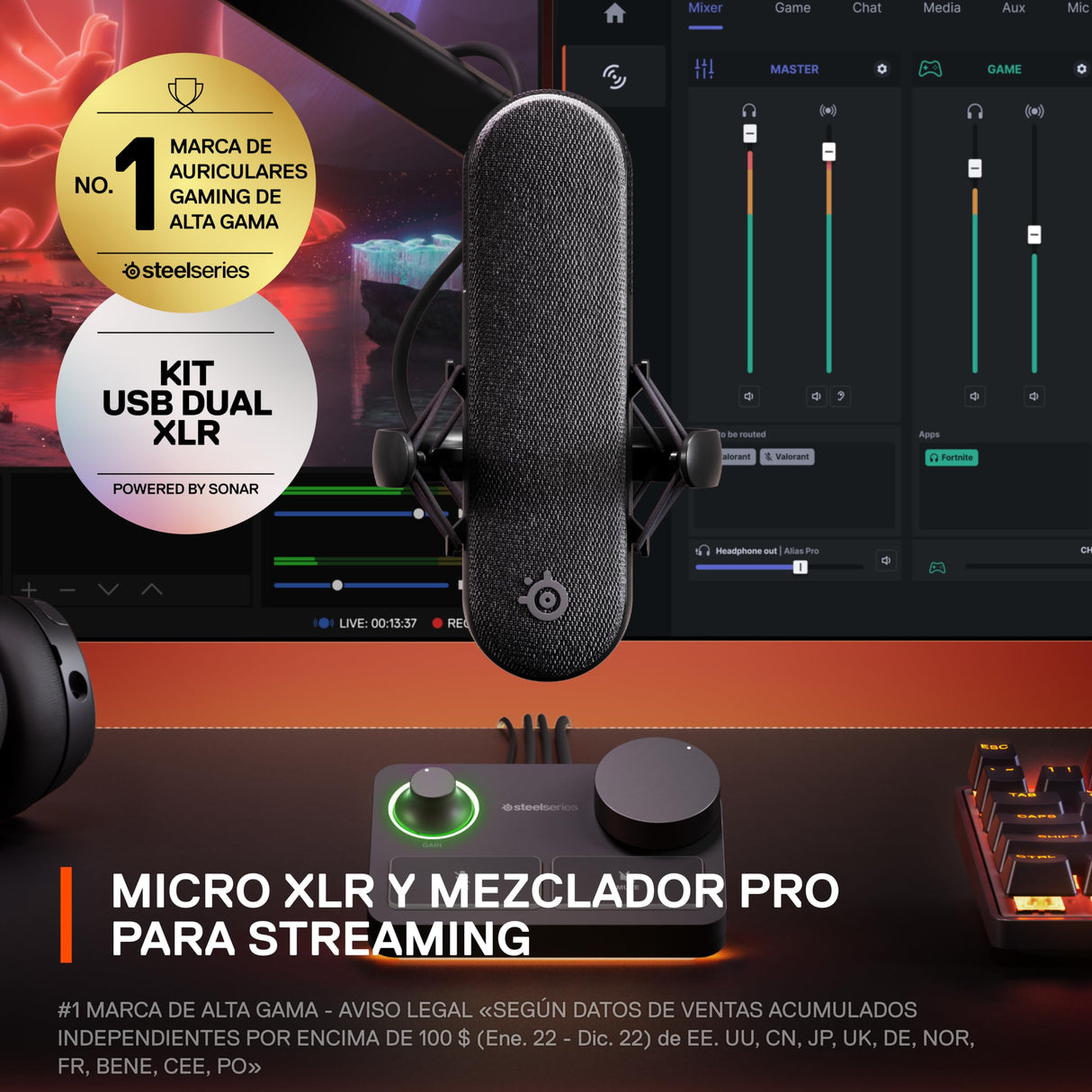 SteelSeries Alias Pro Kit — Micro XLR + Mezclador Stream — cápsula 3 Veces Mayor para Gaming, Streaming y pódcast — Interfaz USB/XLR — Controles para personalización — RGB — PC Individual o Dual