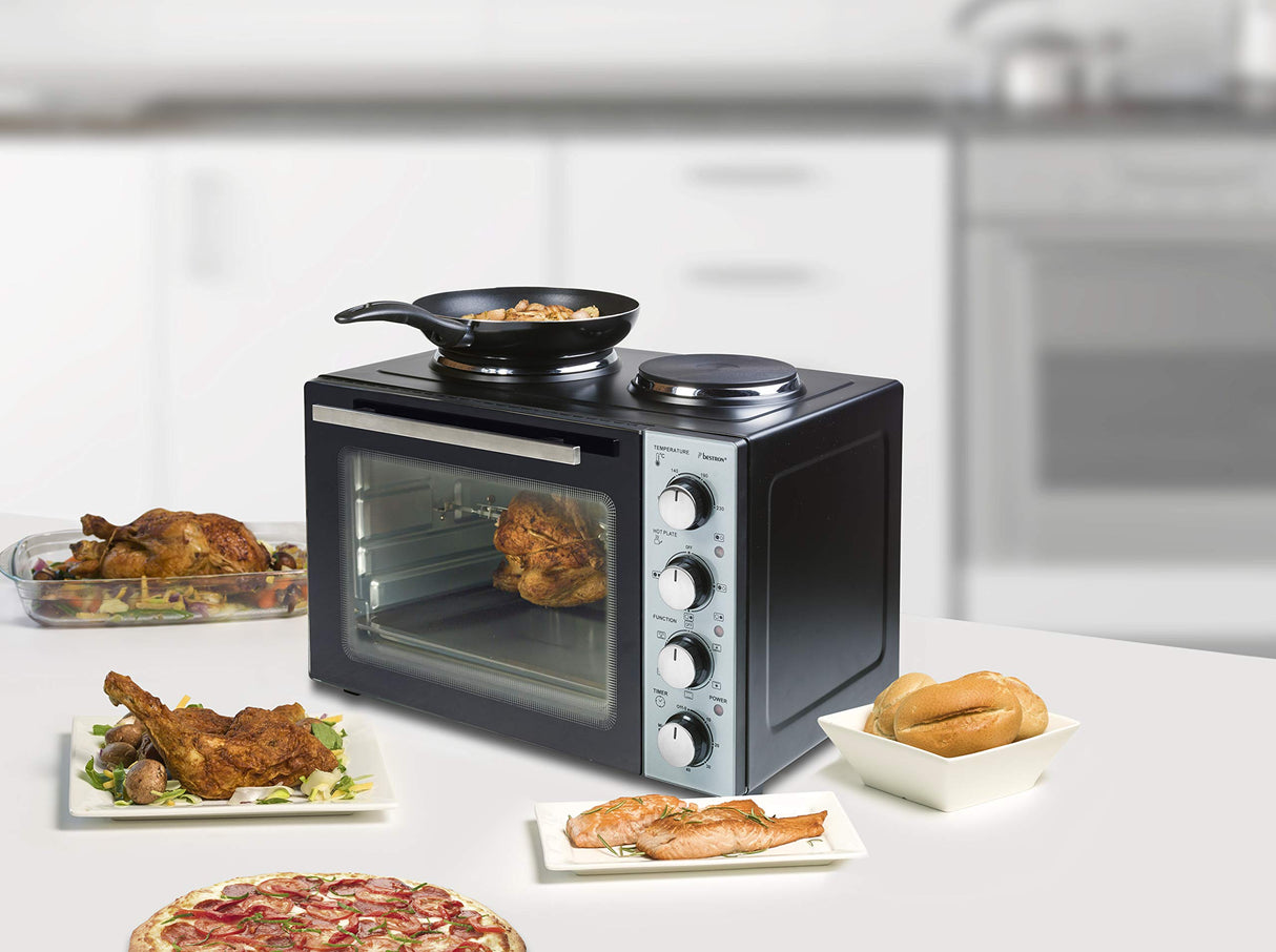 Bestron Pequeña Cocina, Mini Horno con Doble Placa de Cocción, Calor Superior/Inferior con Función de Aire Circulante hasta 230°C, 3200 Vatios, Negro