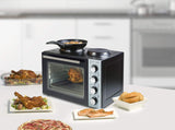 Bestron Pequeña Cocina, Mini Horno con Doble Placa de Cocción, Calor Superior/Inferior con Función de Aire Circulante hasta 230°C, 3200 Vatios, Negro