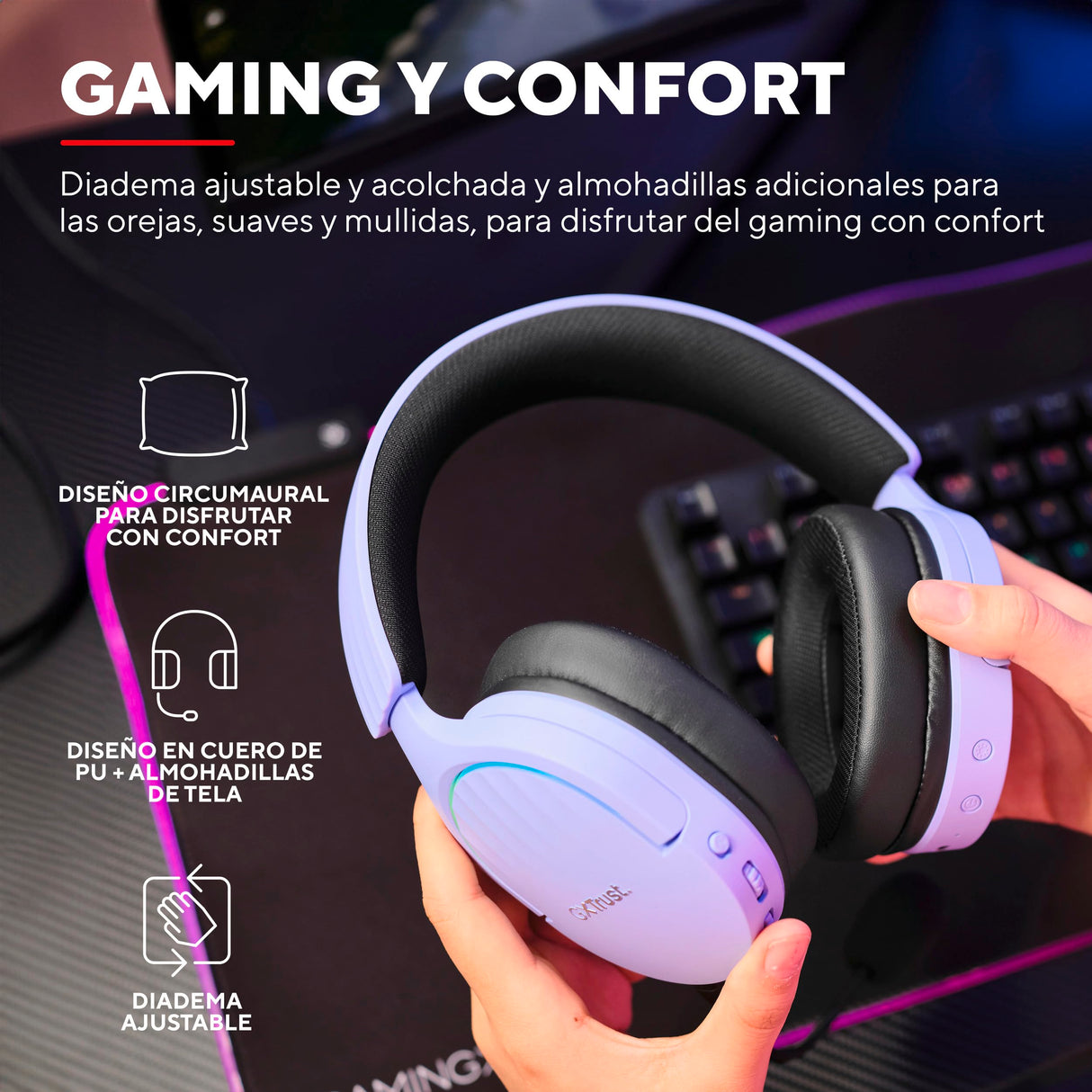 Trust Gaming GXT 491P Fayzo Cascos Gaming Inalámbricos Bluetooth + 2.4 GHz, 7.1 Sonido Envolvente, Batería de 22 Horas, Auriculares Inalámbricos RGB Over-Ear PC PS5 PS4 Switch - Morado