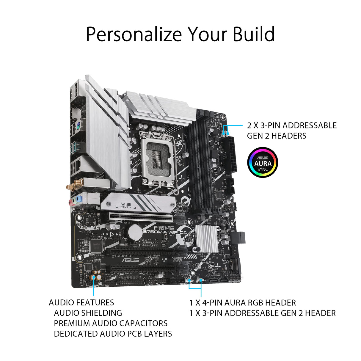 Asus Prime B760M-A WiFi D4 - Placa Base mATX Intel B760 LGA 1700 (PCIe 4.0, Dos M.2, 2.5Gb Ethernet, Wi-Fi 6, Dual HDMI, SATA 6 Gbps, USB 3.2 Gen2, USB 3.2 Gen1 Type-C, Aura Sync)