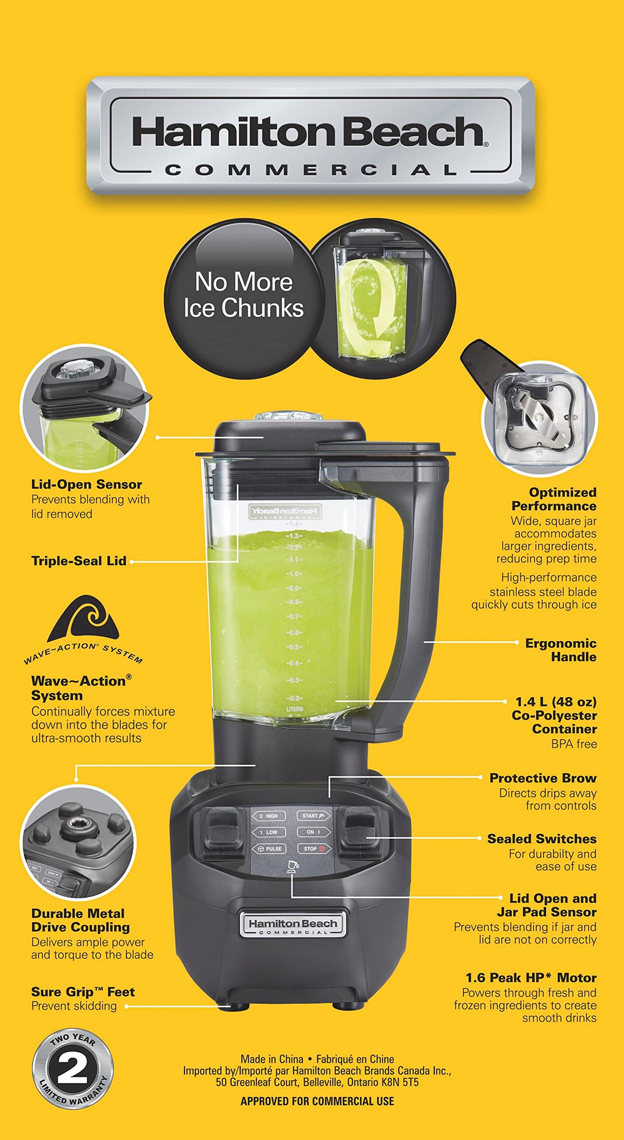 Hamilton Beach ® Rio® Drink Blender, HBB255-CE, 1.6HP, 1,4 L, libre de BPA, contenedor de copoliéster, 220-240 V, color negro