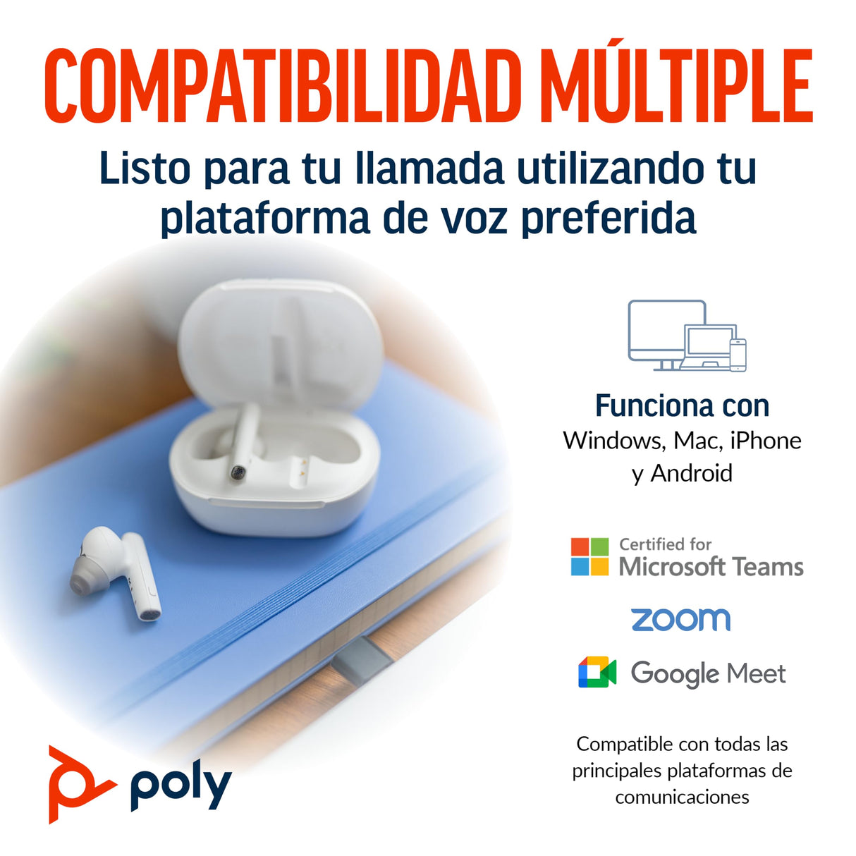 Auriculares inalámbricos Poly Voyager Free 60+ UC - Micrófonos con supresión de ruido para llamadas nítidas - ANC - Funda de carga con pantalla táctil - Funciona con iPhone, Android, PC/Mac - Blanco