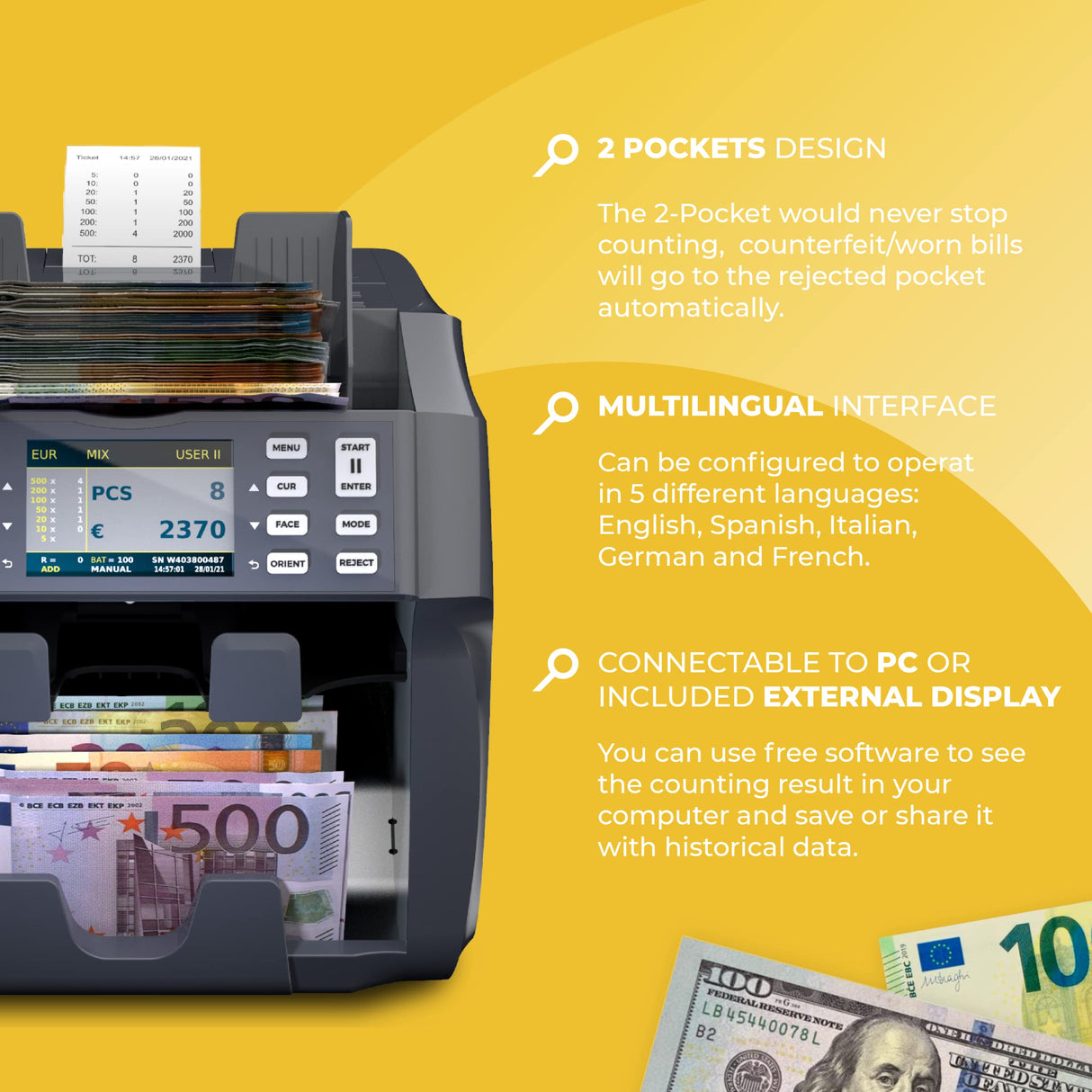 Detectalia V800 - Contadora de valor de billetes y clasificadora EUR, GBP, USD, CHF, MAD. Impresora térmica integrada, encara, orienta, reconoce números de serie - 28 x 28 x 29 cm